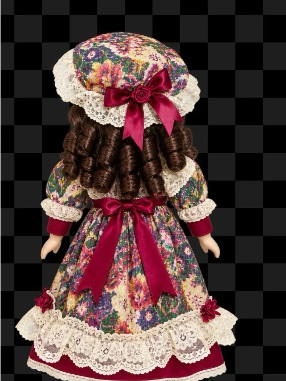 Burgundy Floral-Lace Porcelain Doll with Wide Brim Hat